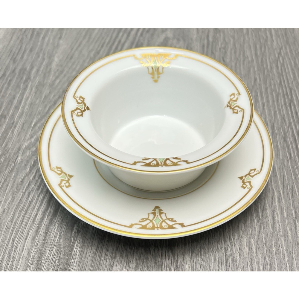 Limoges Old Abbey France Custard Ramekin & Underplate/Saucer Gold Green Art Deco